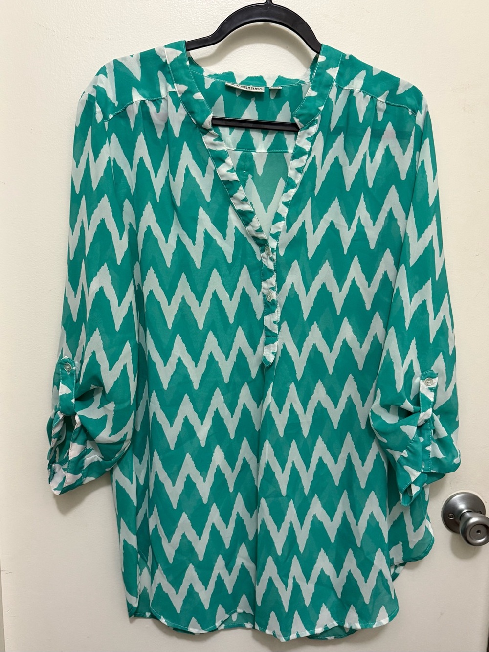 Versona Teal & White Chevron Ruffle V-Neck Tunic